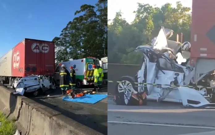 Carro é esmagado entre duas carretas e acidente deixa três mortos
